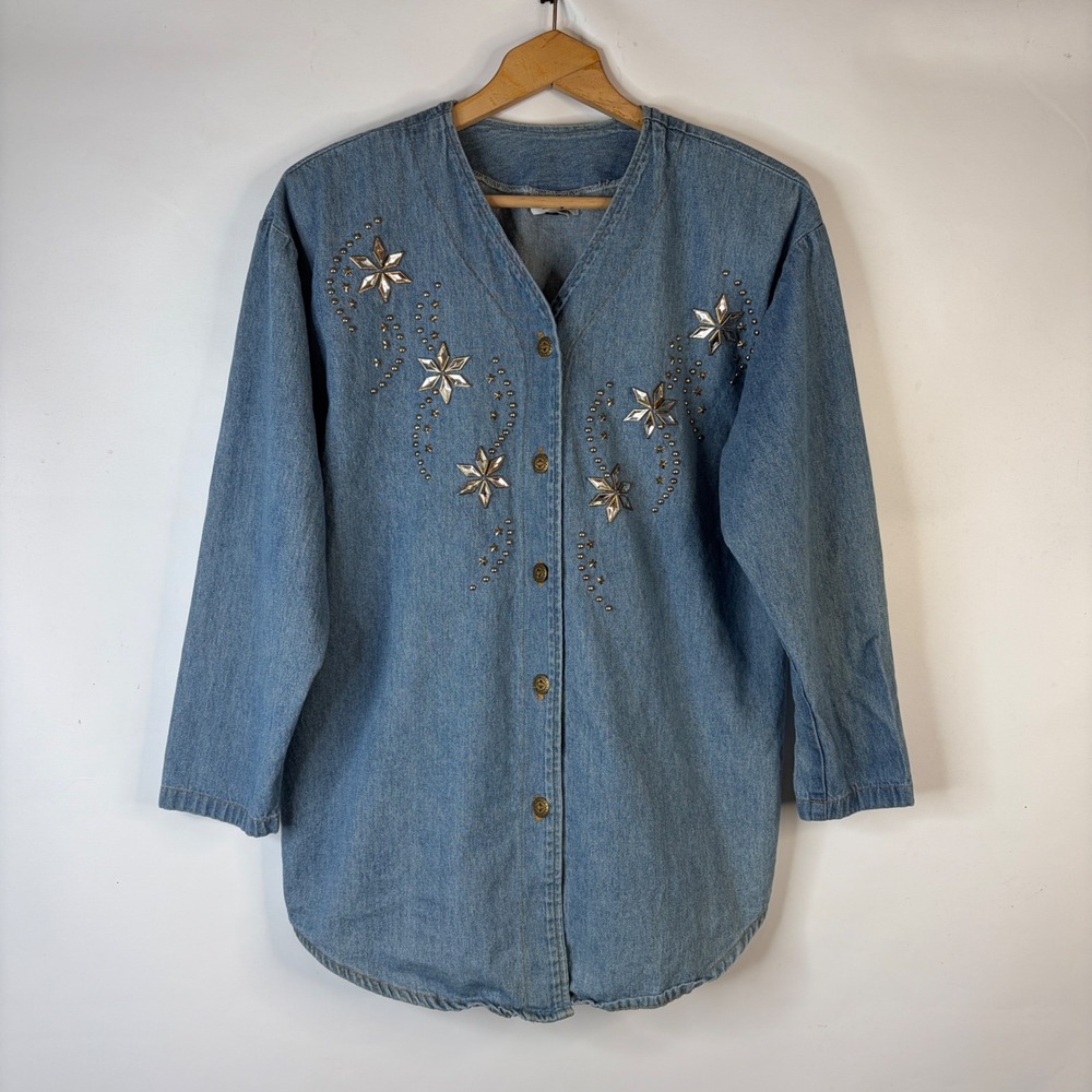 Match Point Denim Shirt Women XL Blue Rhinestone Starburst Studded Vintage